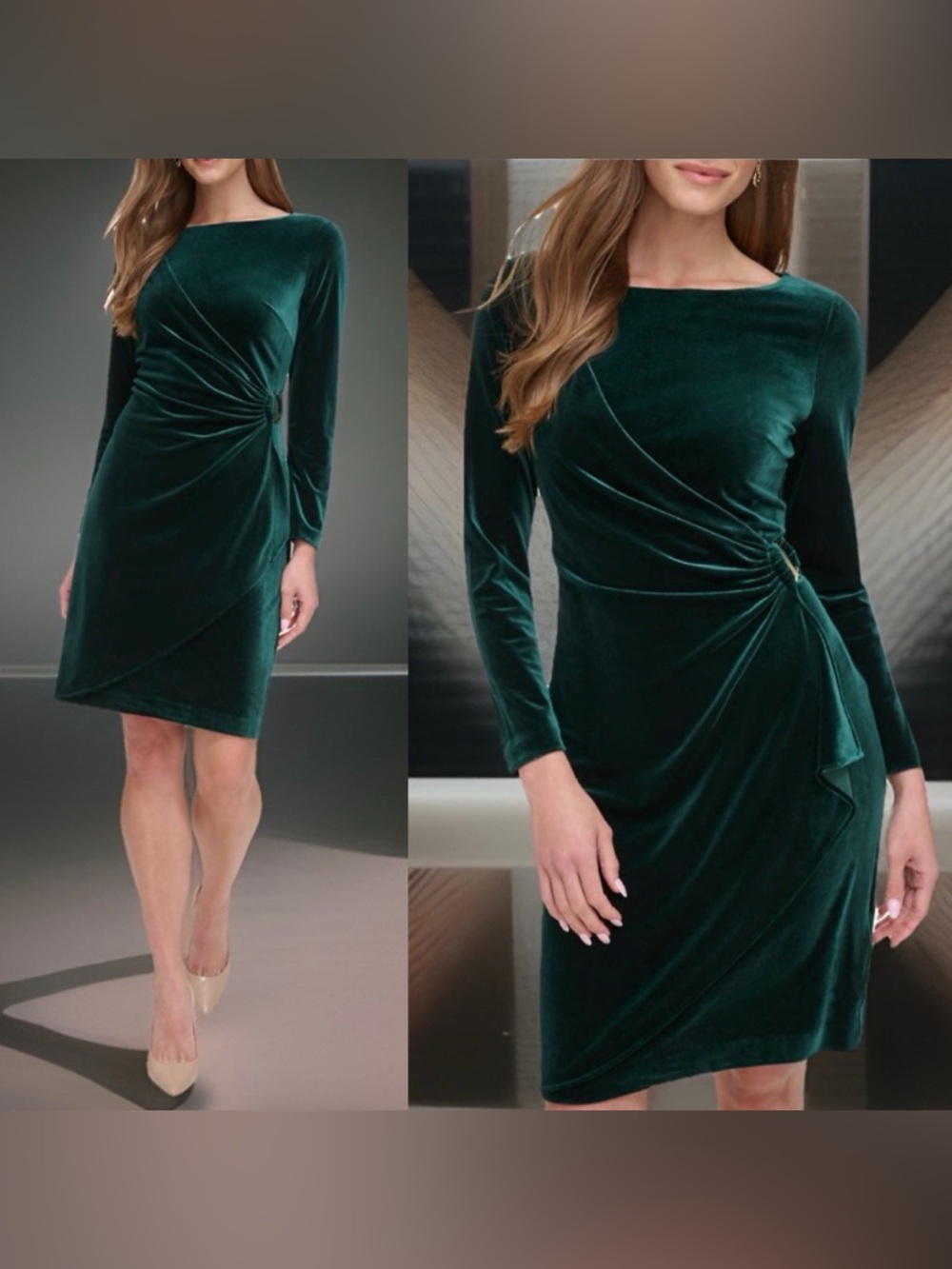 NwoT DKNY Women's Velvet Long Sleeve Square Neck Side Ruch Sheath Dress-Hunter-6